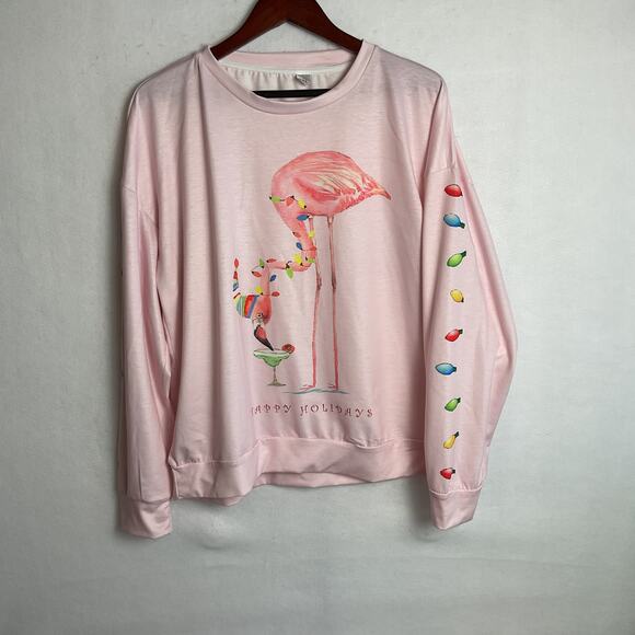 Womens Long Sleeve Crewneck Christmas Sweater Pink Flamingo Happy Hour 2XL - Picture 2 of 10